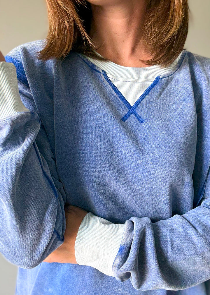 Women's Blue Color Block Pullover | Comfy Sweatshirt