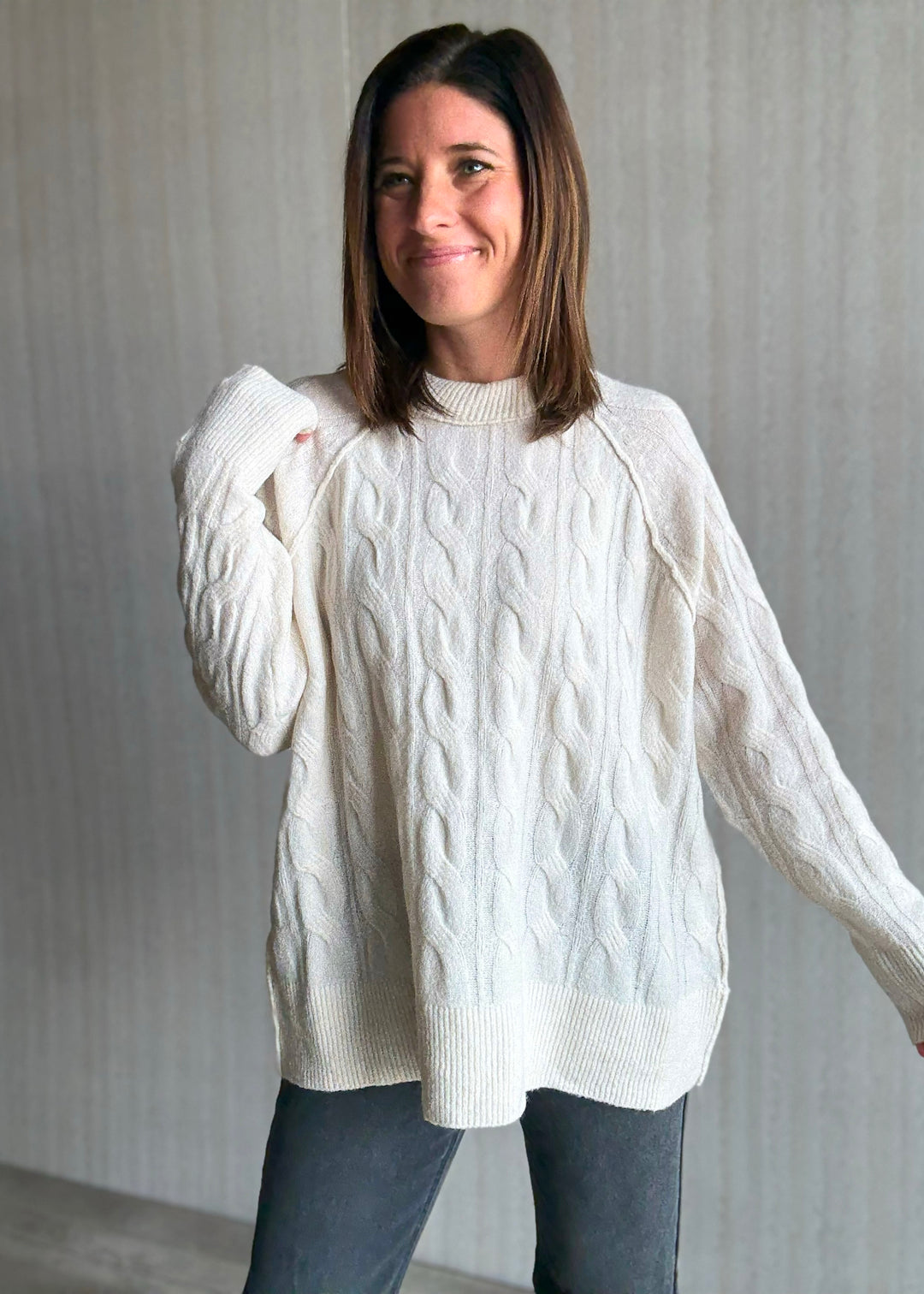 Women's Cozy Sweater - Cream Cable Knit Pullover Sweater