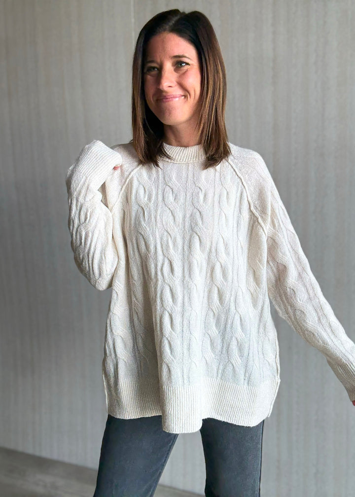 Women's Cozy Sweater - Cream Cable Knit Pullover Sweater