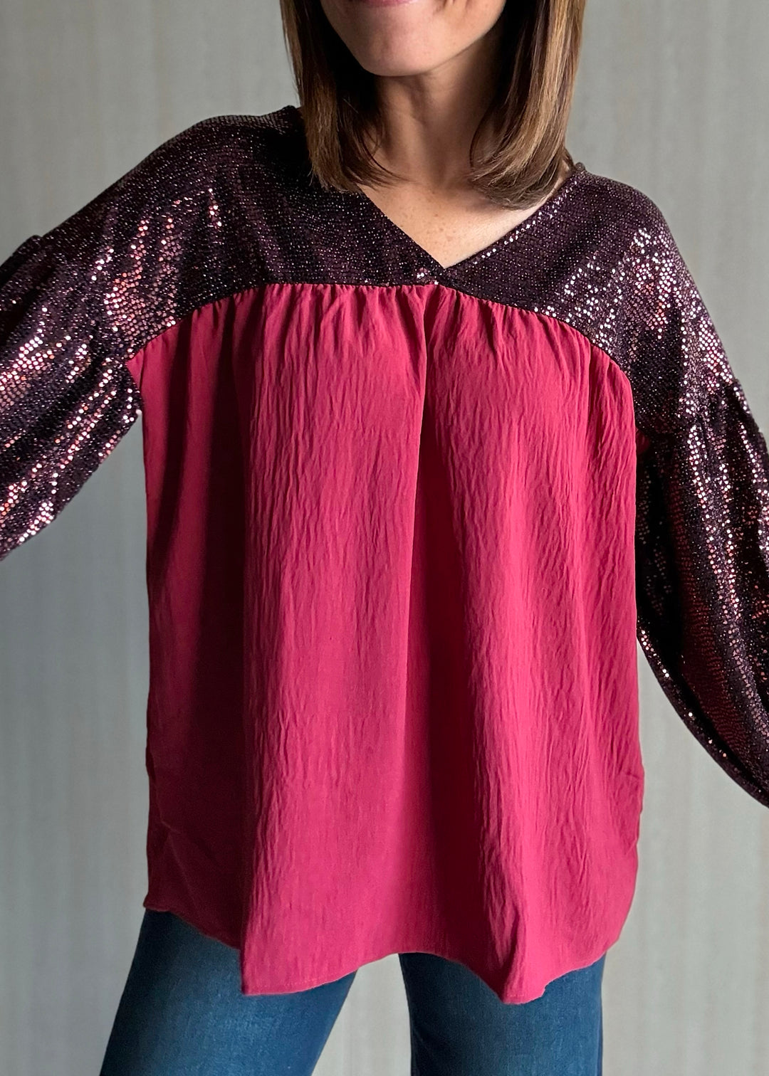 Maroon/Burgundy Sequin Babydoll Blouse | Women's Sequin Holiday Top