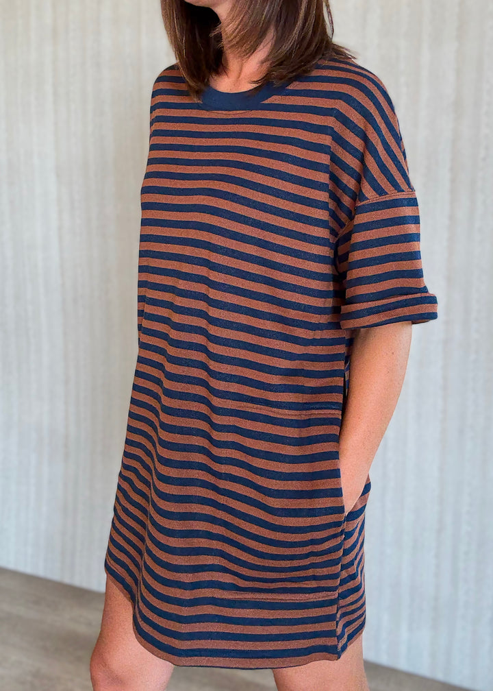 Women's Navy & Brick Striped Oversized Tee Dress. Cute for Game Days!