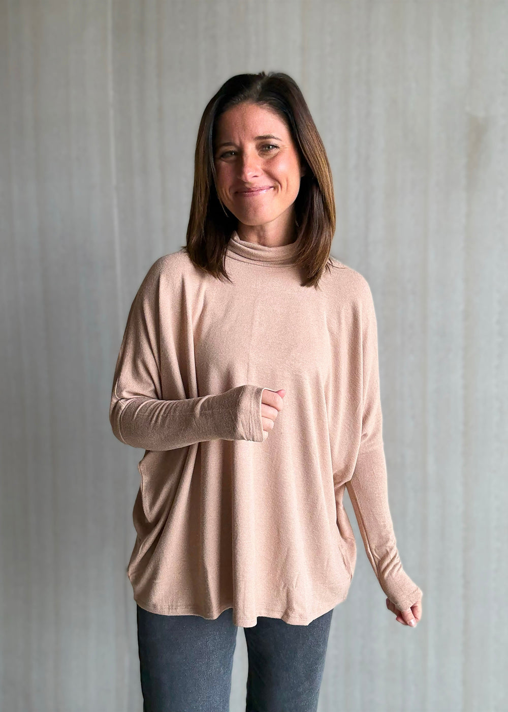 Women's Taupe Oversized Dolman Turtleneck Top