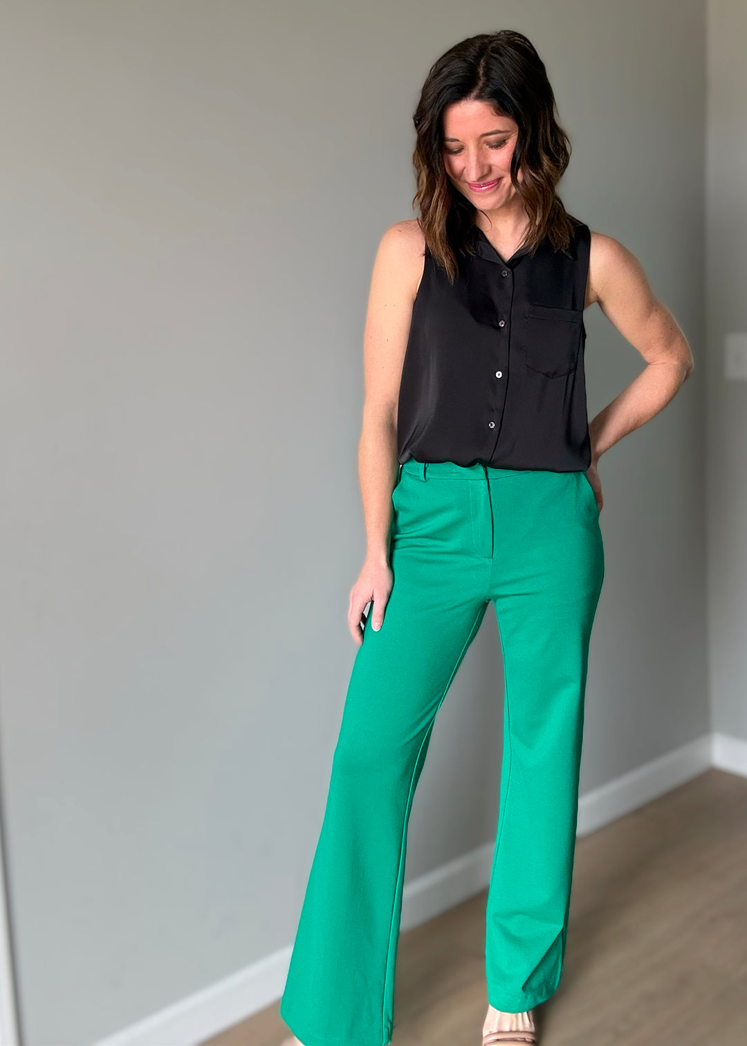Women's Dress Pants - Skies Are Blue Brand - Green Knit Straight Leg Dress Pants