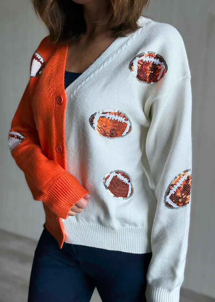 Women's Orange & White Sequin Football Cardigan 