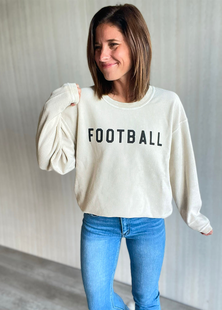 Vintage Dusty Vanilla Football Thermal Pullover - corded cream pullover for women with football text, neutral colors