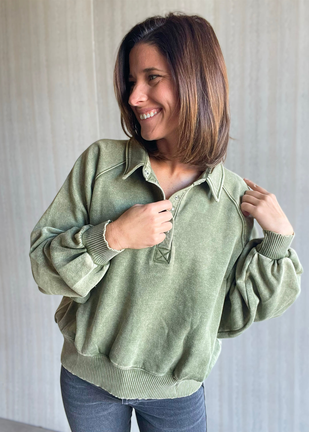 Women's Olive Acid Wash Fleece Half Snap Pullover