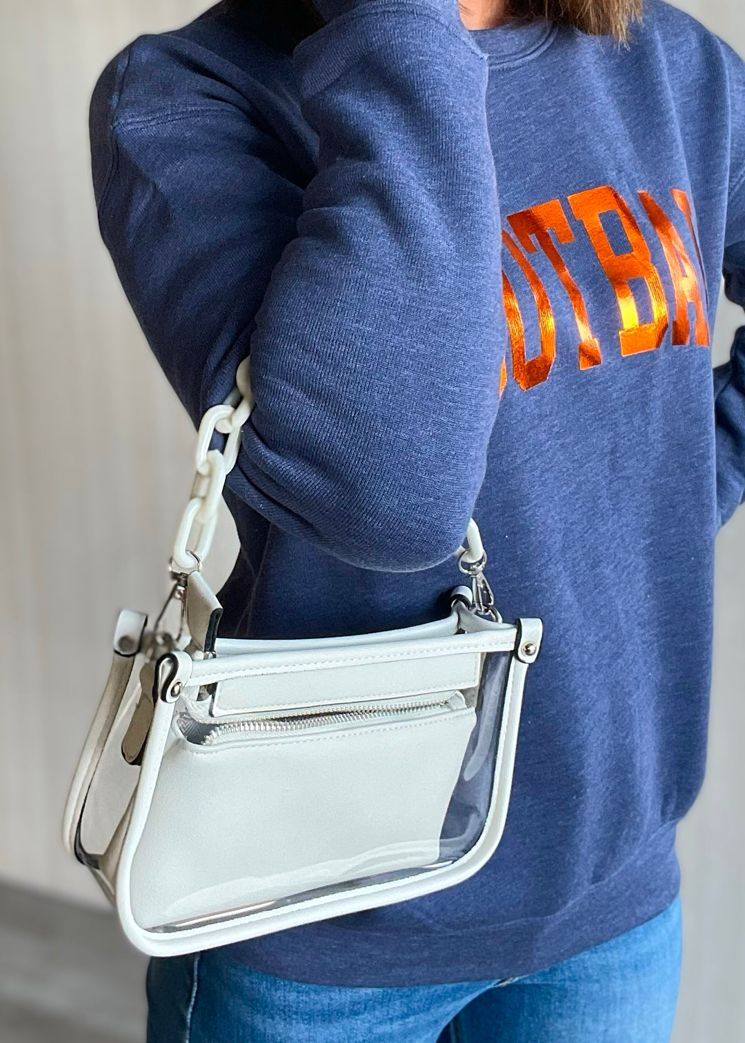 White Clear Jessica Crossbody With Chain | Game Day Bags!