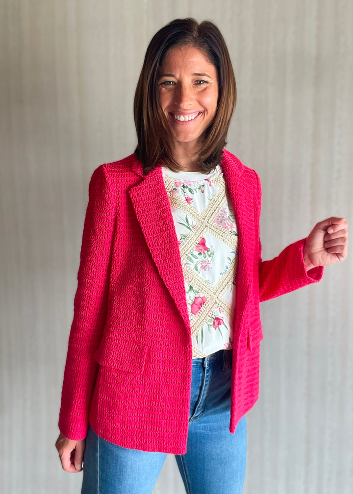 Raspberry Crochet Blazer by Skies Are Blue sold at Embolden, a Central Illinois Women's Clothing Boutique. Cute, spring & summer women's blazer.