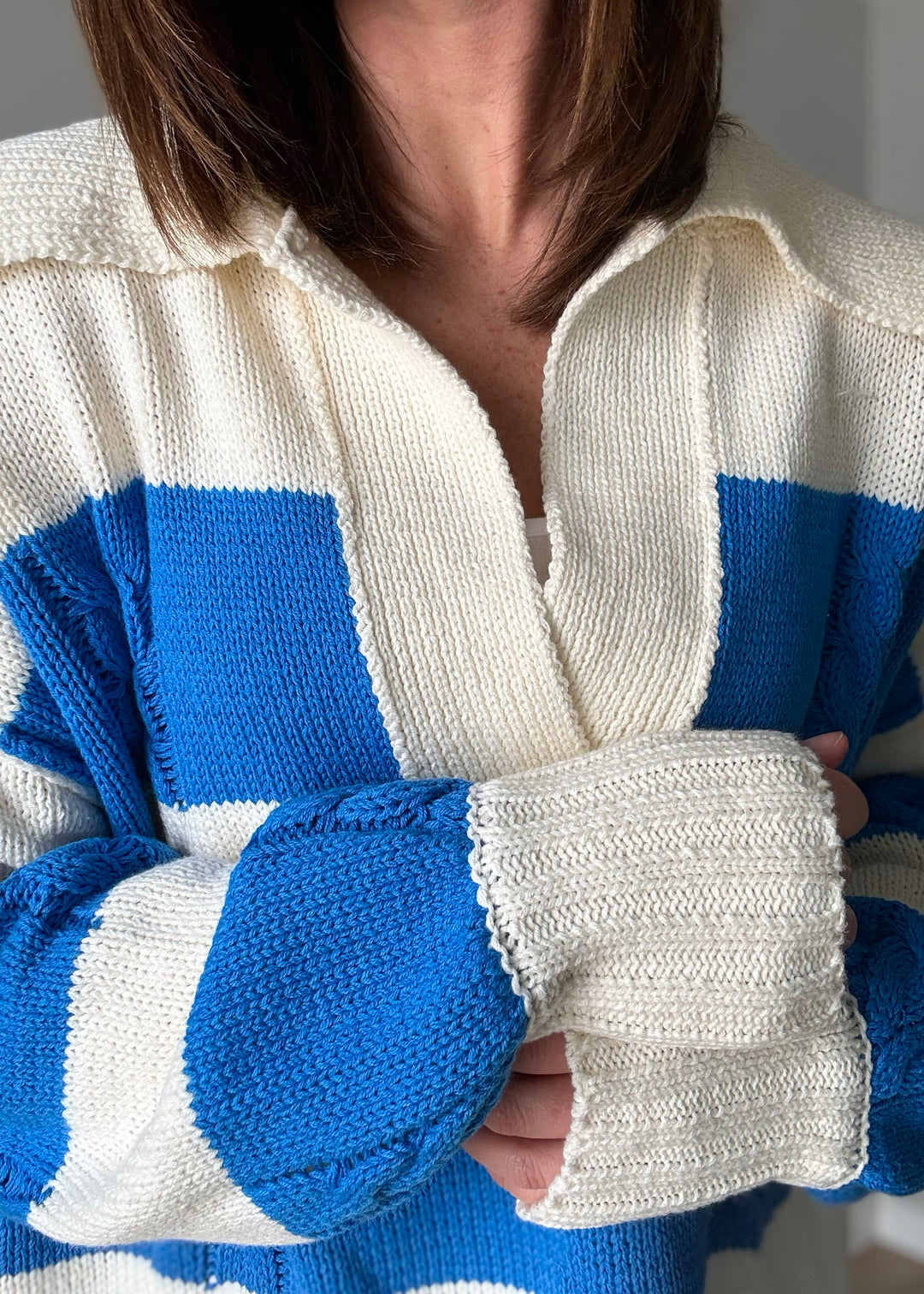 Women's Chunky Spring Sweater - Chunky Knit Pullover Sweater | blue and ivory striped sweater