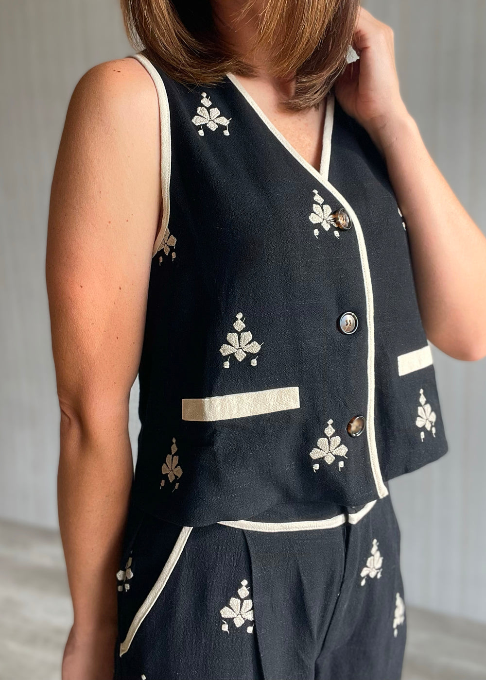 Women's Cream Embroidered Black Vest & Pants Set