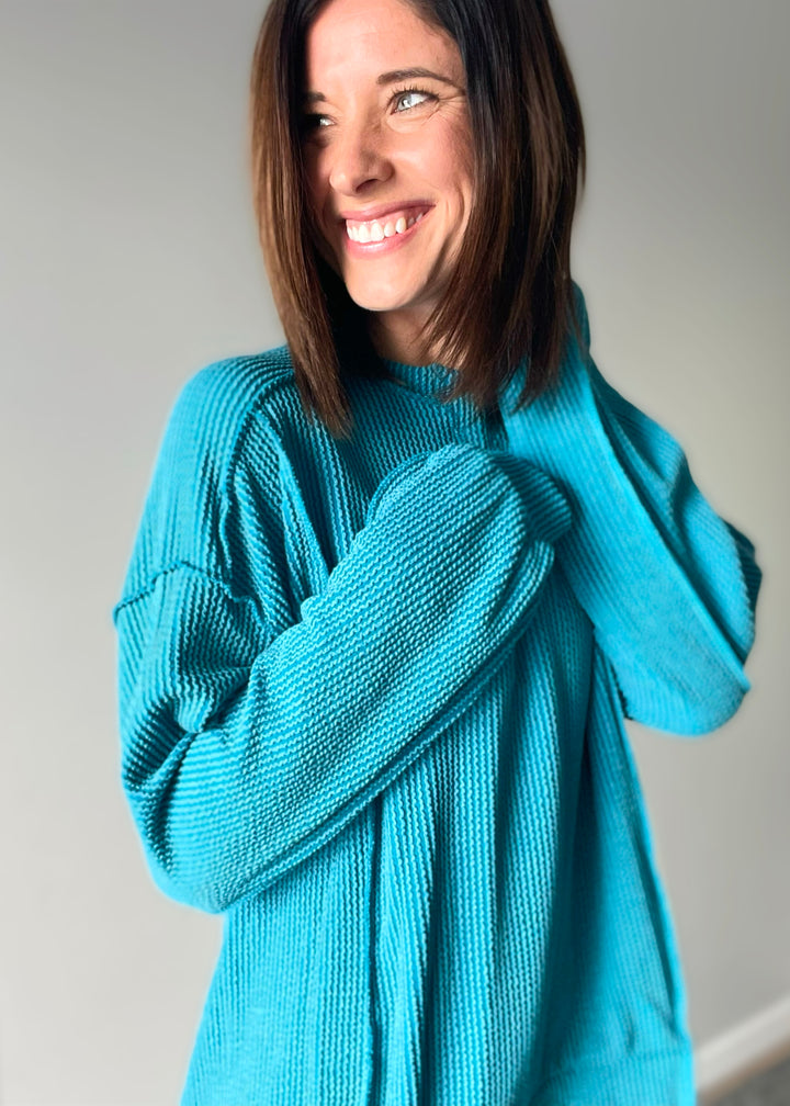 Women's Teal Ribbed Long Sleeve Pullover Top 