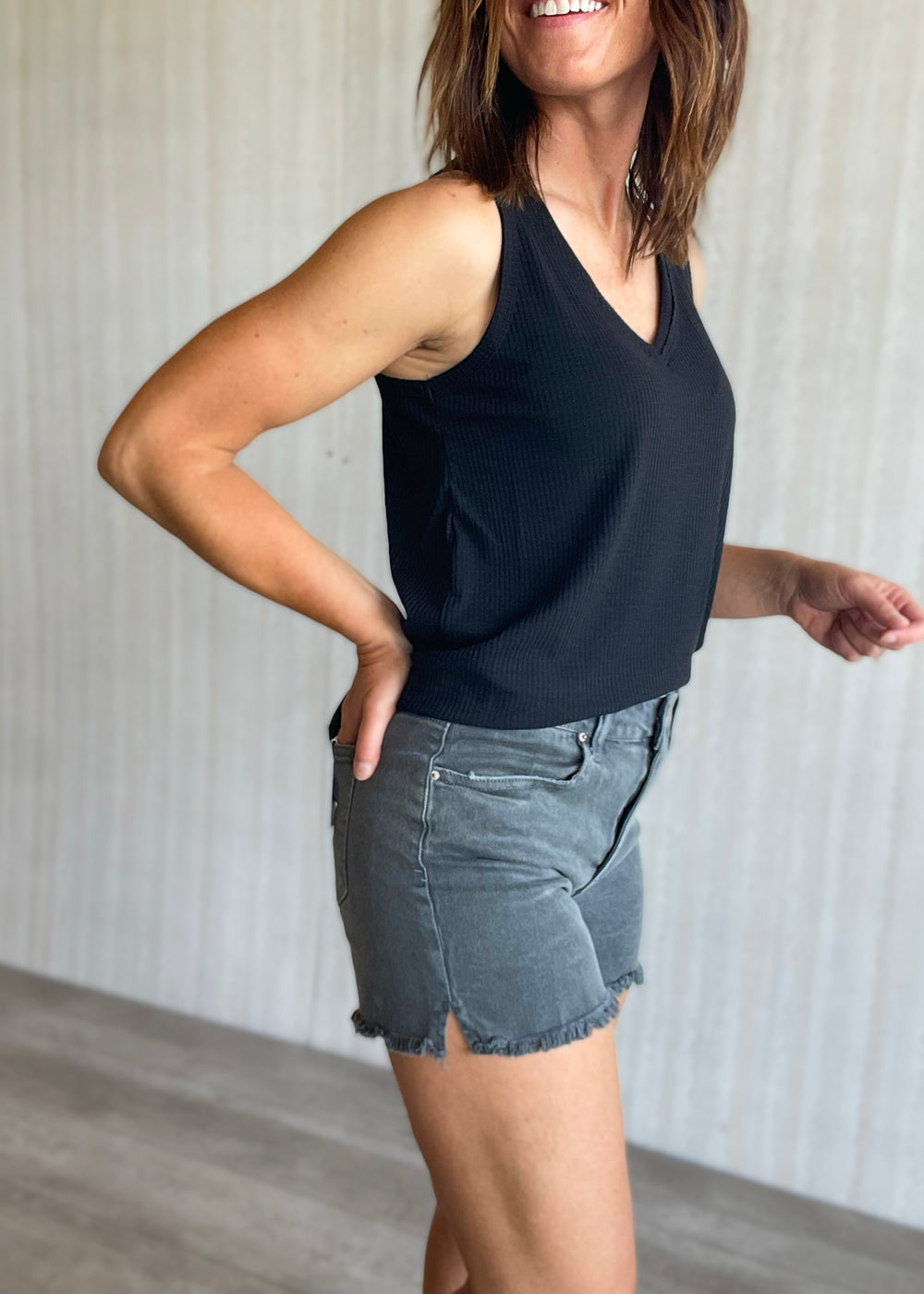 Women's Ash Black Frayed Hem Shorts