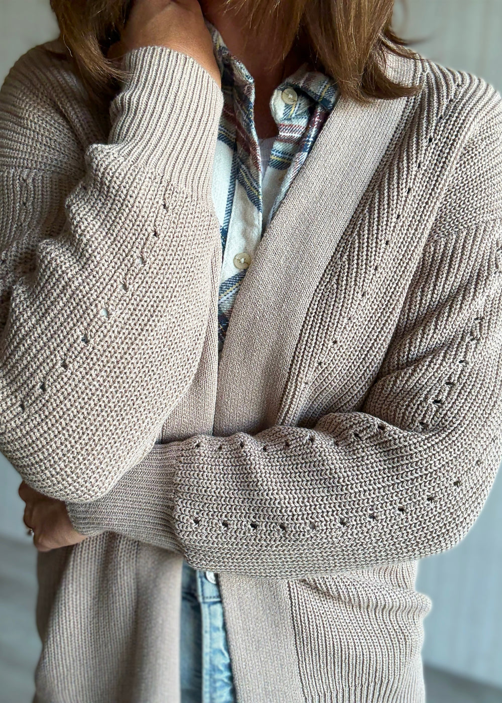 Women's Mocha Eyelet Open Cardigan Sweater