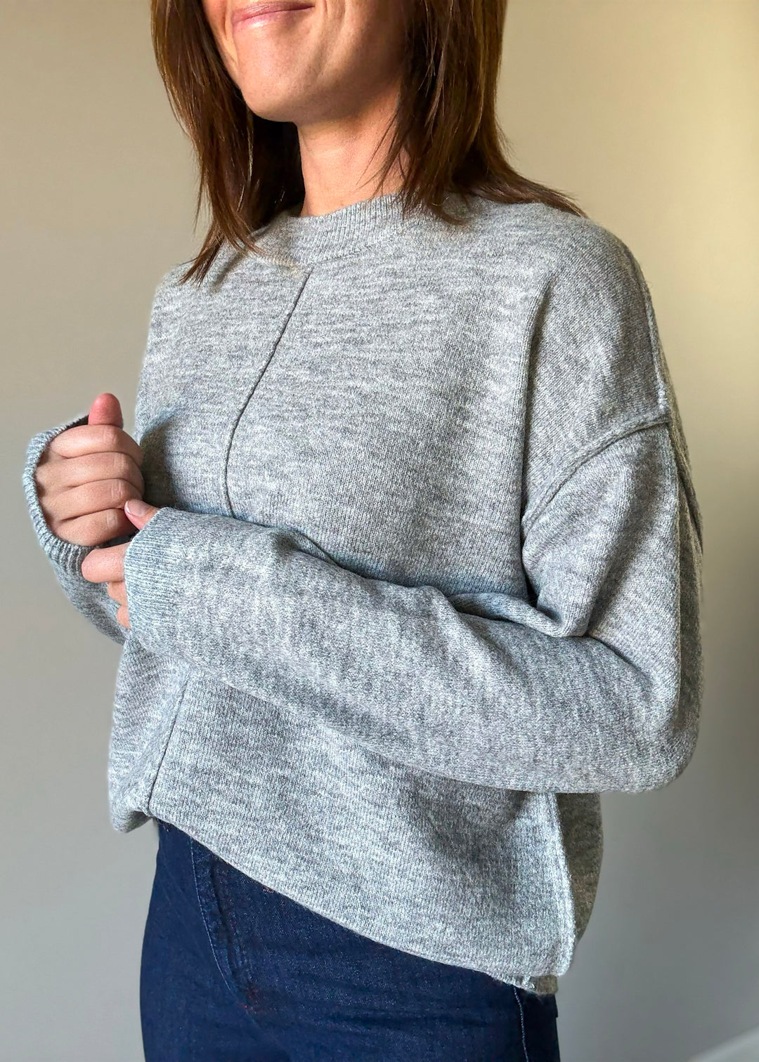 Women's Gray Front Seam Sweater with crew neck line