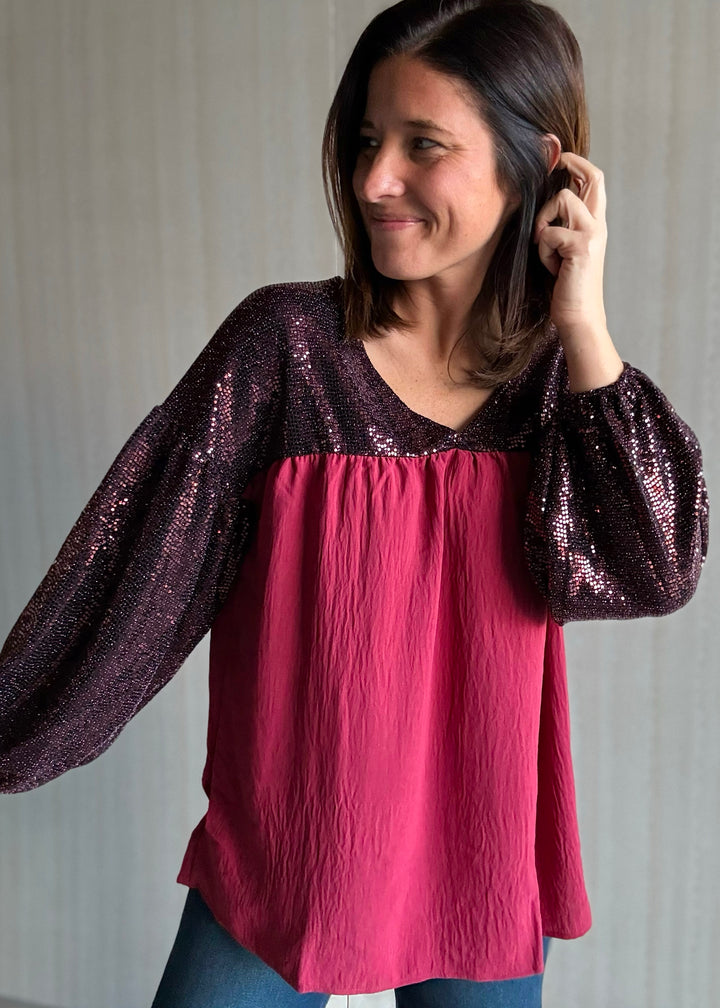Maroon/Burgundy Sequin Babydoll Blouse | Women's Sequin Holiday Top