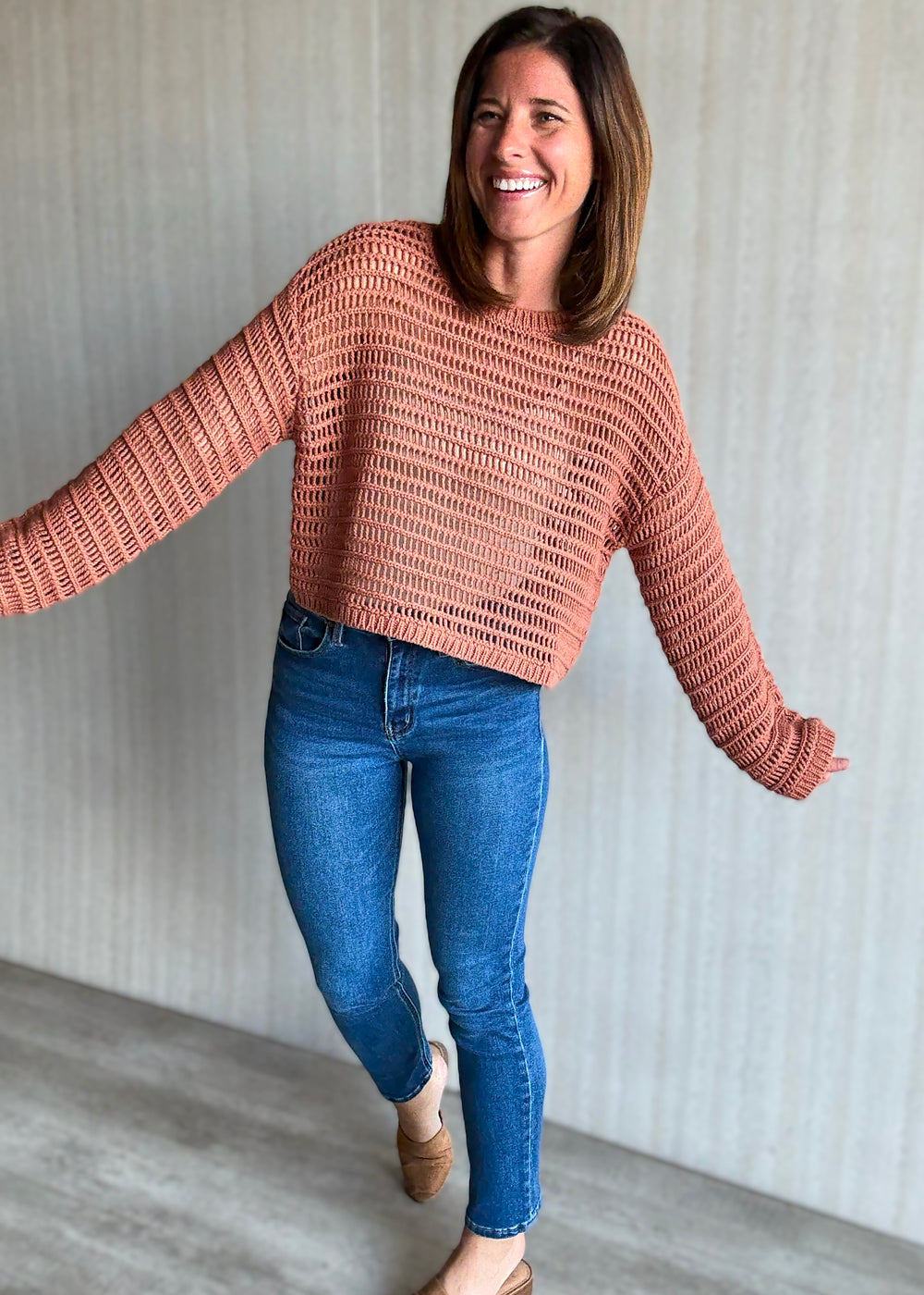 Women's Open Hole Rust Sweater Top