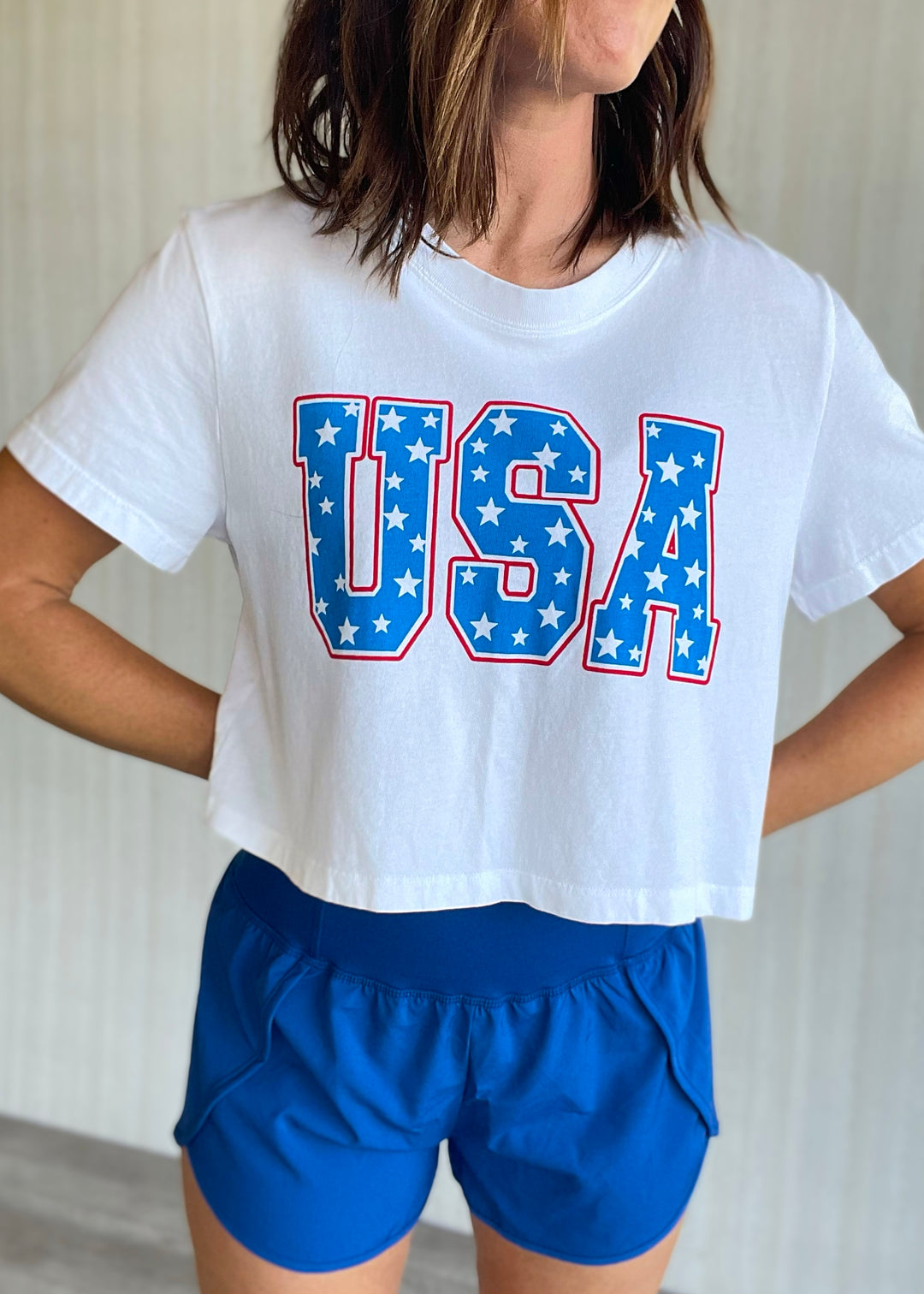 Women's White USA Graphic Crop Tee | 4th of July t-shirt