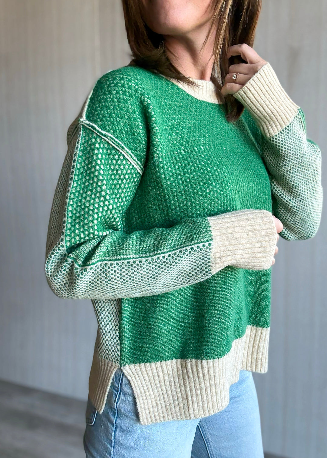 Green Color Block Textured Sweater
