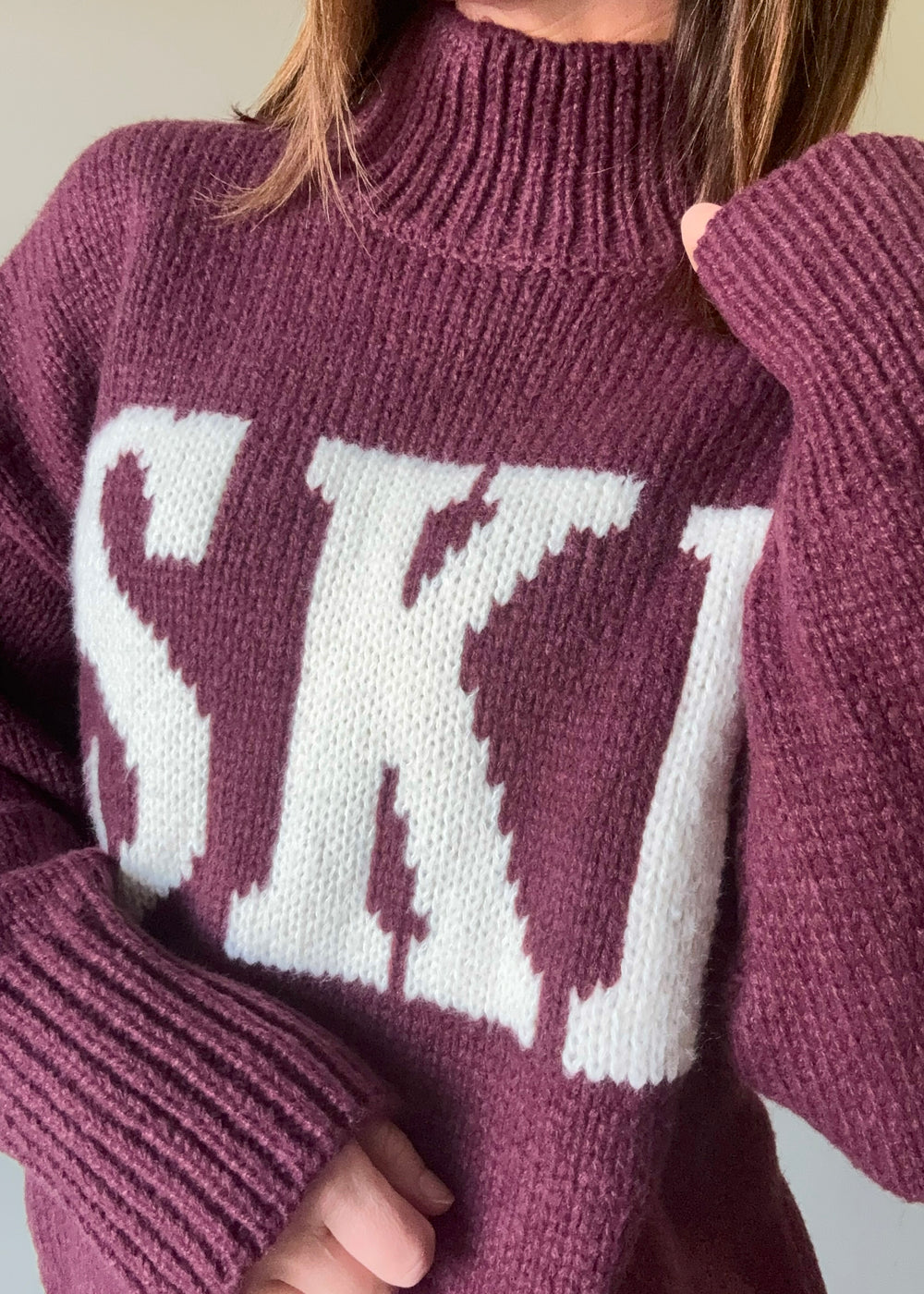 Women's Ski Graphic Sweater in a wine maroon color. | Women's Cozy Winter Sweaters