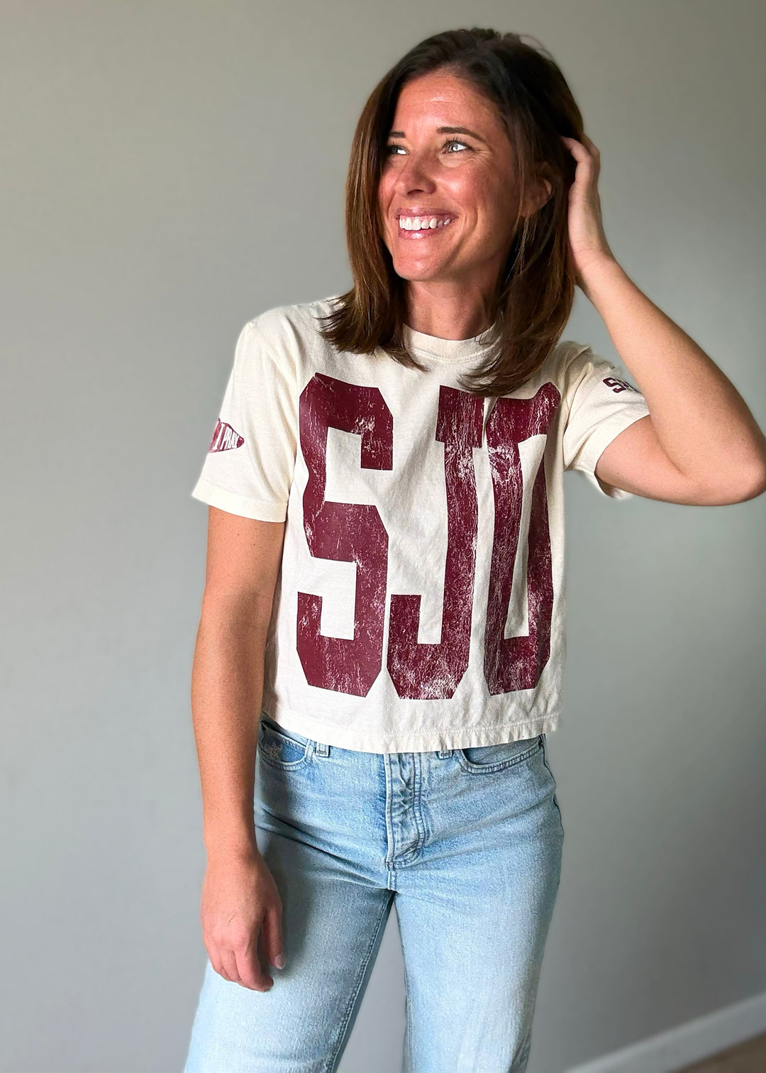 Cute Women's Cream SJO Spartans Cropped T-Shirt