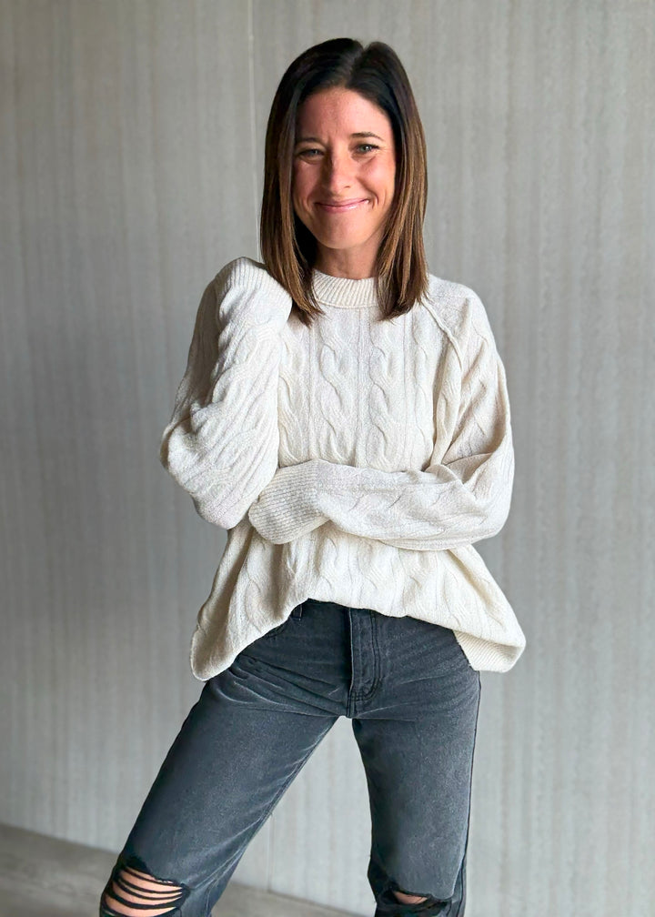 Women's Cozy Sweater - Cream Cable Knit Pullover Sweater