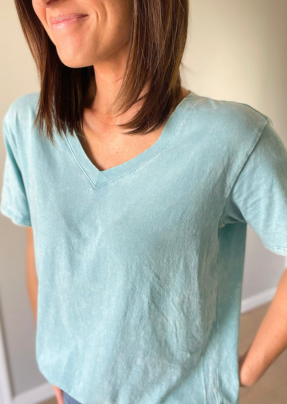 Women's Mineral Washed Teal V-Neck T-Shirt