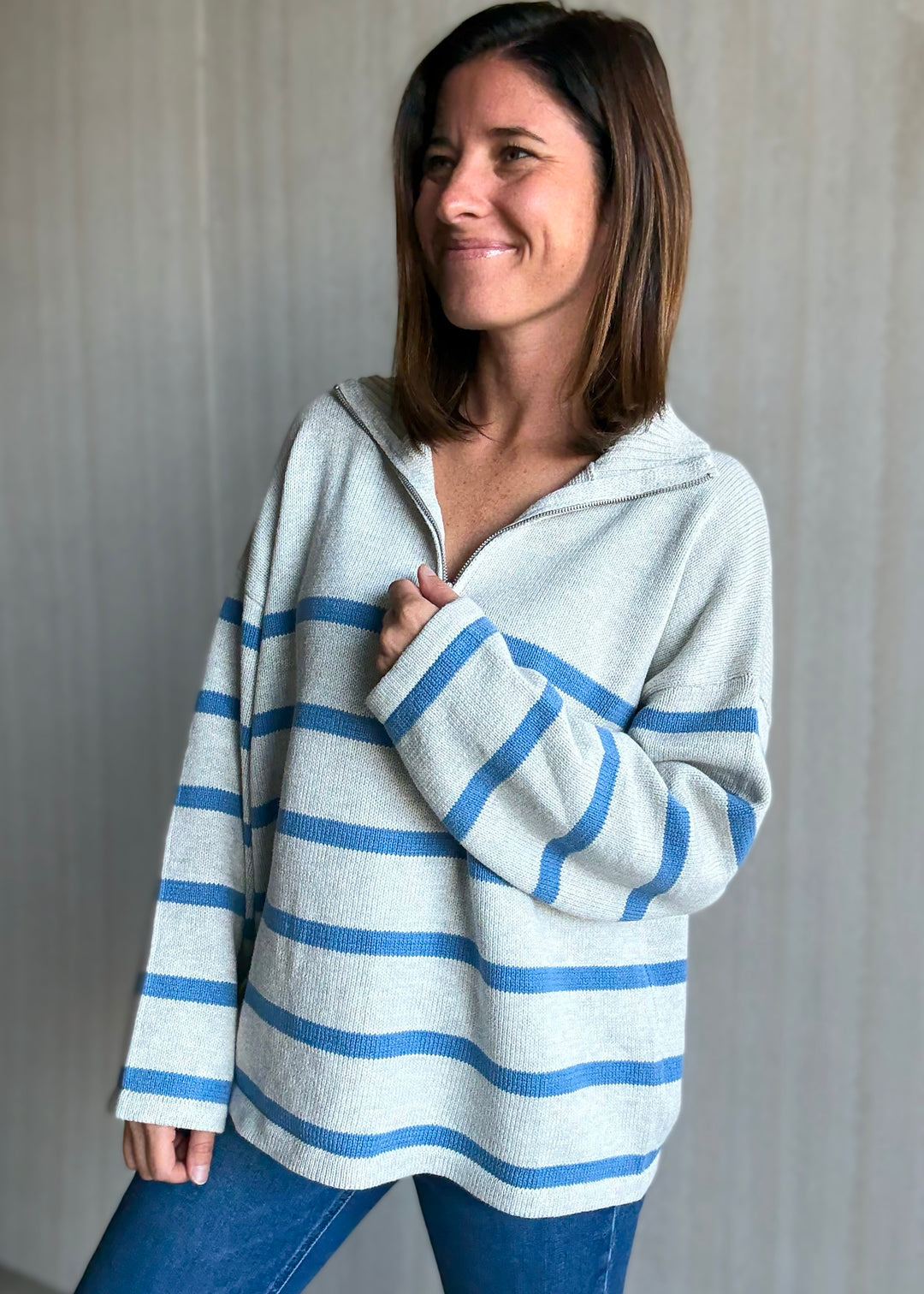 Women's Light Gray Striped Quarter Zip Sweater with Blue Stripes