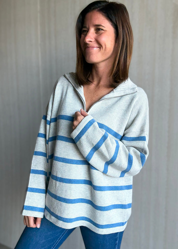 Women's Light Gray Striped Quarter Zip Sweater with Blue Stripes