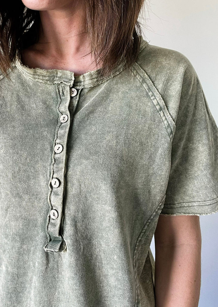 Women's Distressed Olive Henley T-shirt