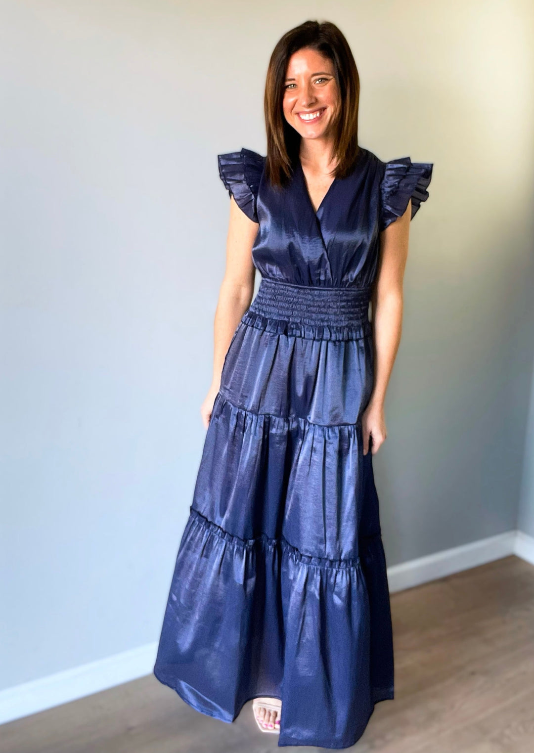 Midnight Blue Satin Tiered Maxi Dress