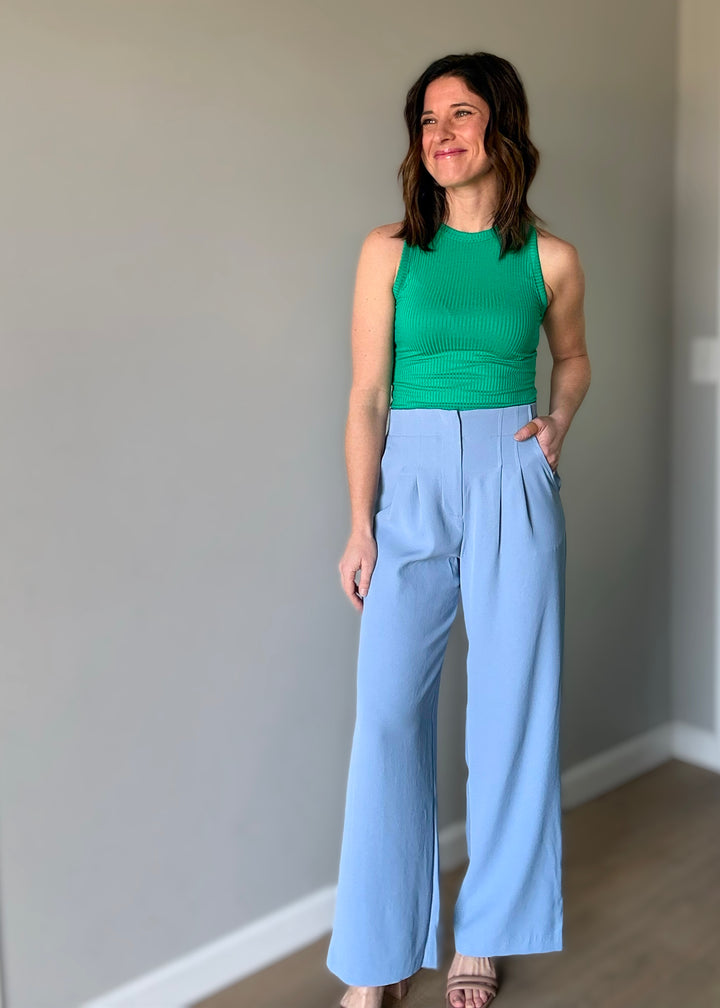 Women's Dress Pants - Skies Are Blue Brand - Dusty Blue Pintuck Wide Leg Pants