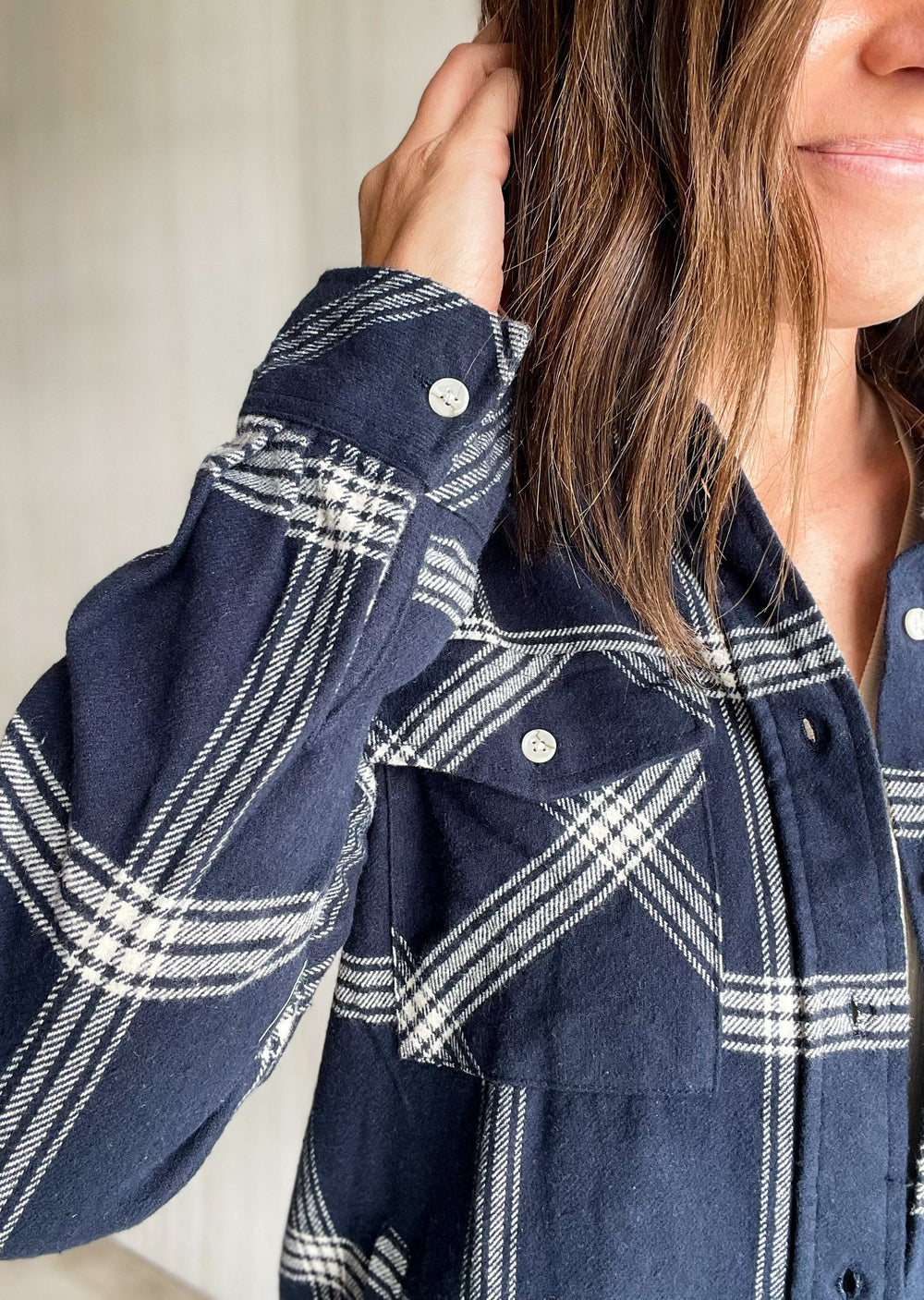 Navy and Ivory Button Up plaid top | Women's flannel tops 