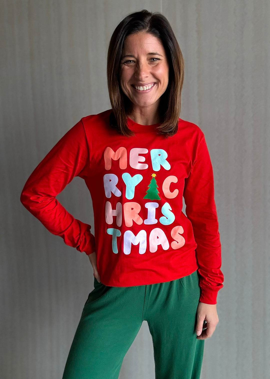 Women's Red Merry Christmas Long Sleeve Tee | Cute Holiday Graphic Shirts