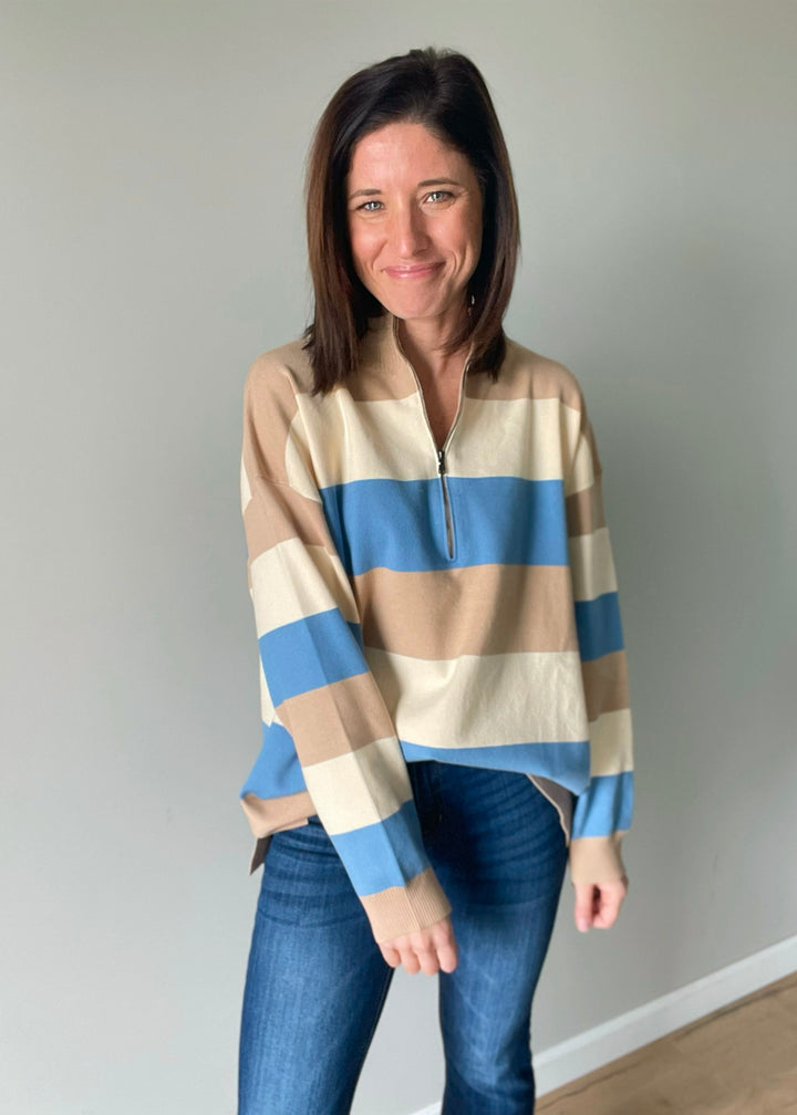 Women's Striped Half-Zip Sweater - Light Blue and Tan