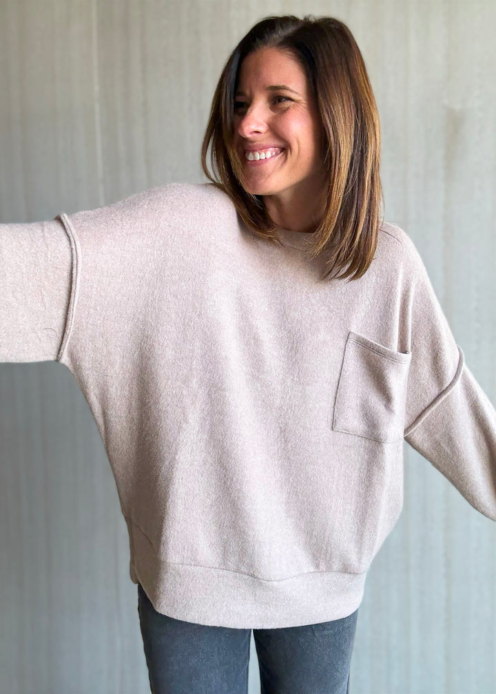 Women's cozy Brushed Melange Drop Shoulder Top in a light tan color
