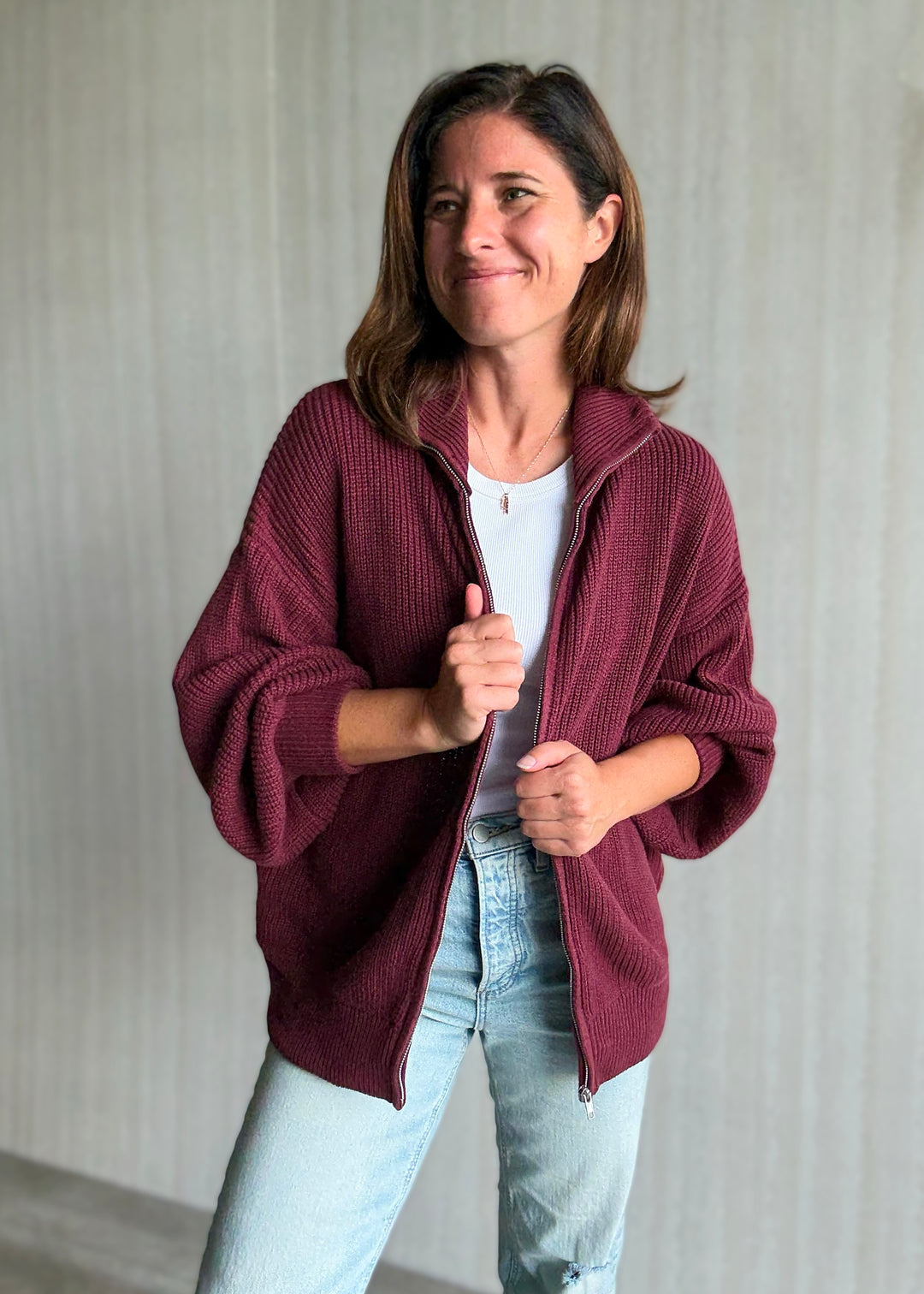 Women's Burgundy Oversized Zip Cardigan