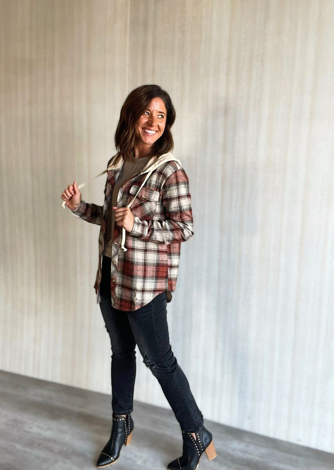 Hooded Rust Plaid Flannel Top