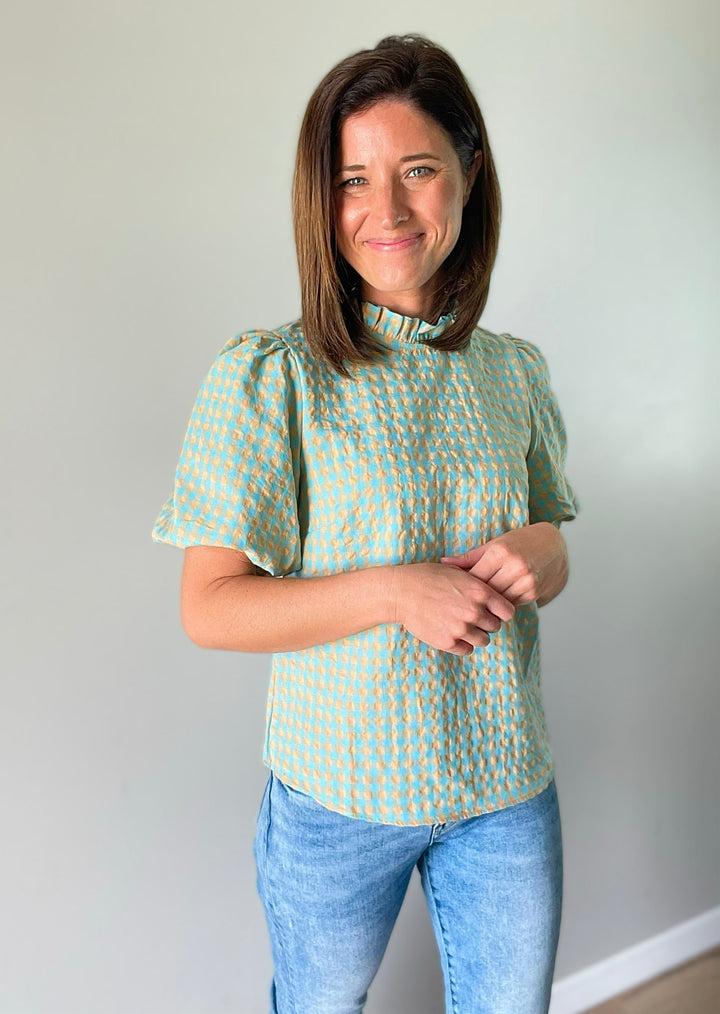 Checkered Melon & Aqua Women's Blouse