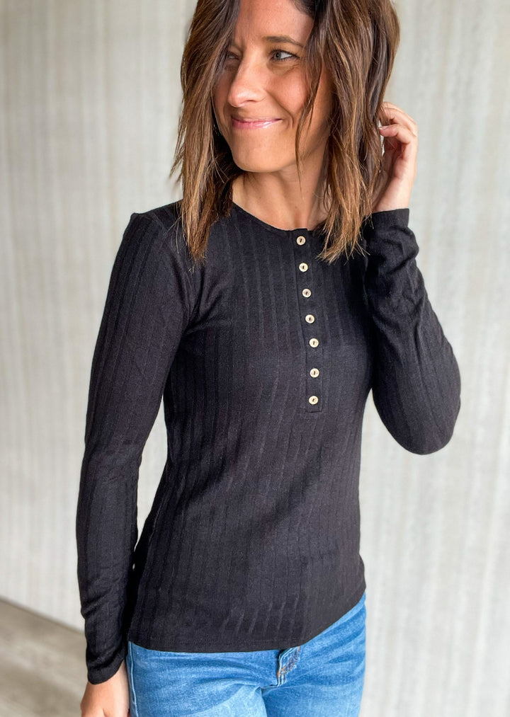 Black Ribbed Henley Long Sleeve 