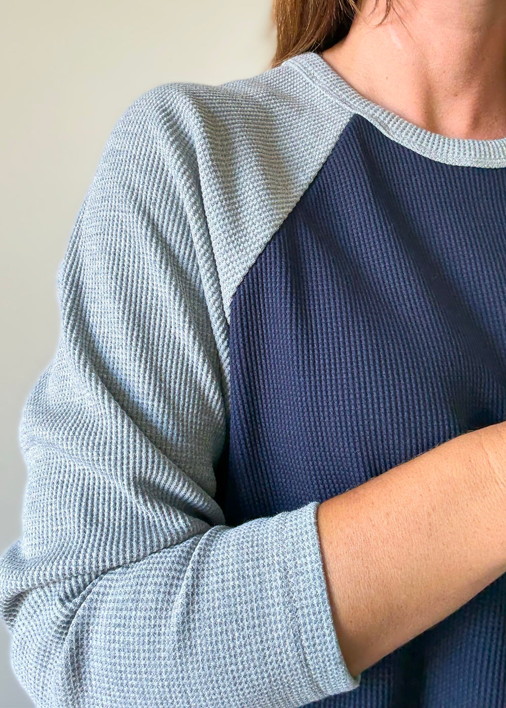 Women's Navy and Gray Waffle Raglan Top