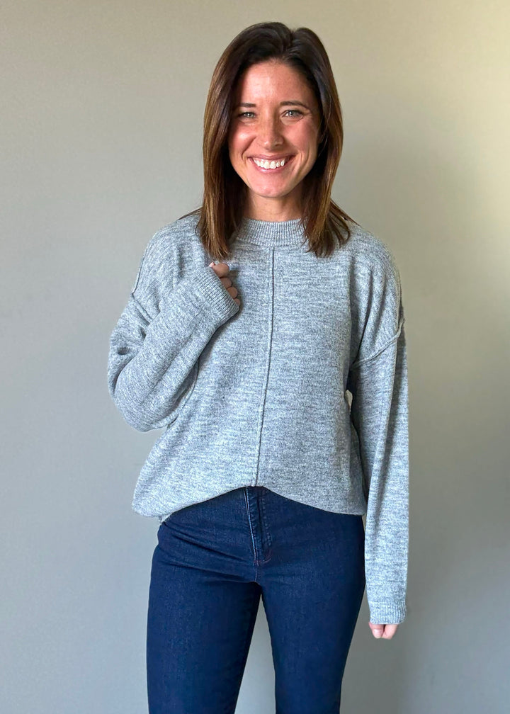 Women's Gray Front Seam Sweater with crew neck line