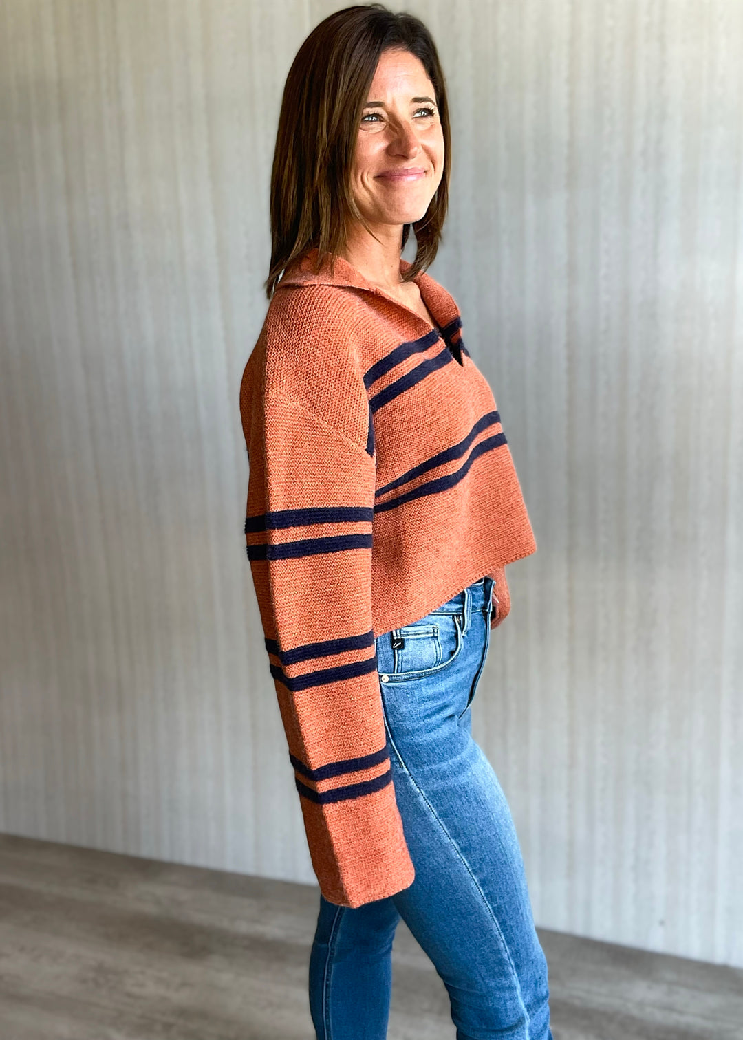 Women's Rust-Orange & Navy Striped Cropped Sweater