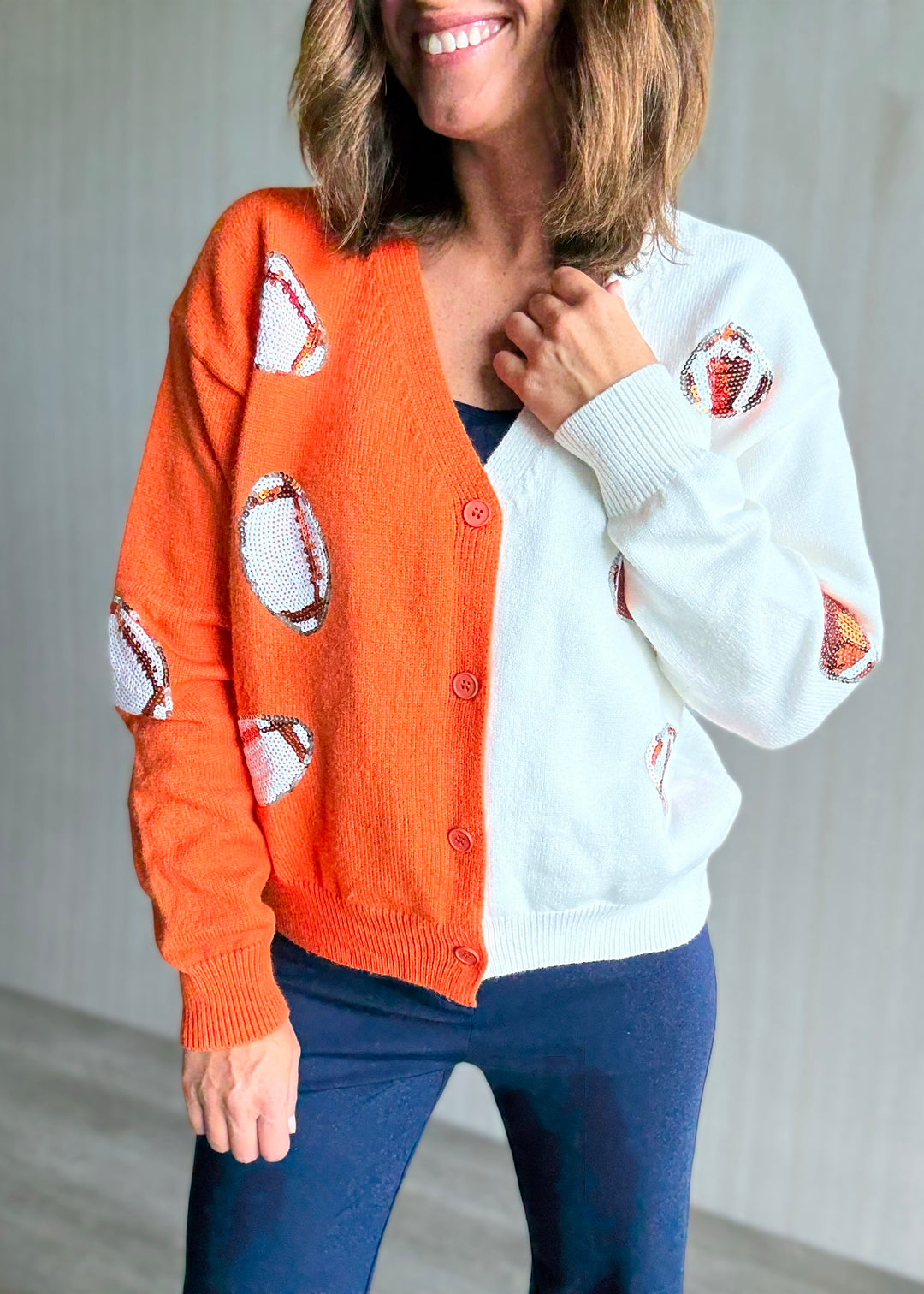 Women's Orange & White Sequin Football Cardigan 