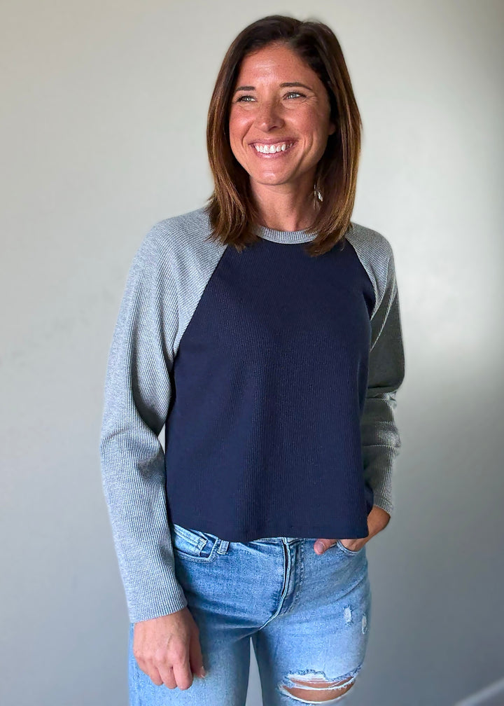Women's Navy and Gray Waffle Raglan Top