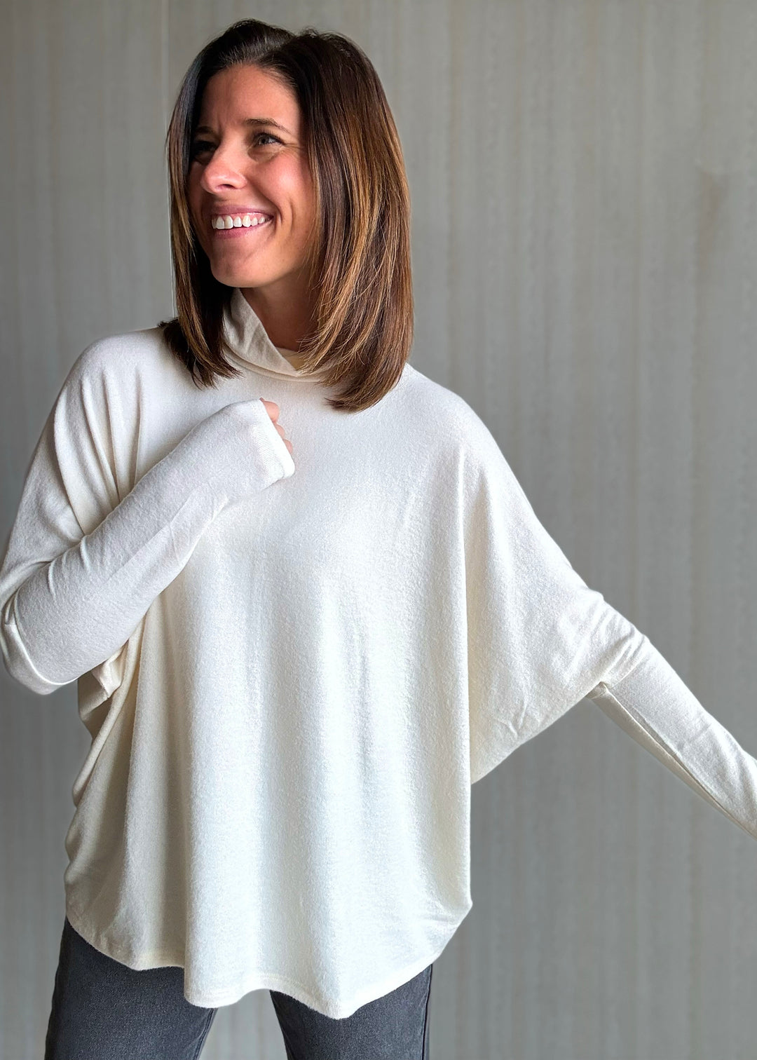 Women's Cream Turtleneck Dolman Oversized Top