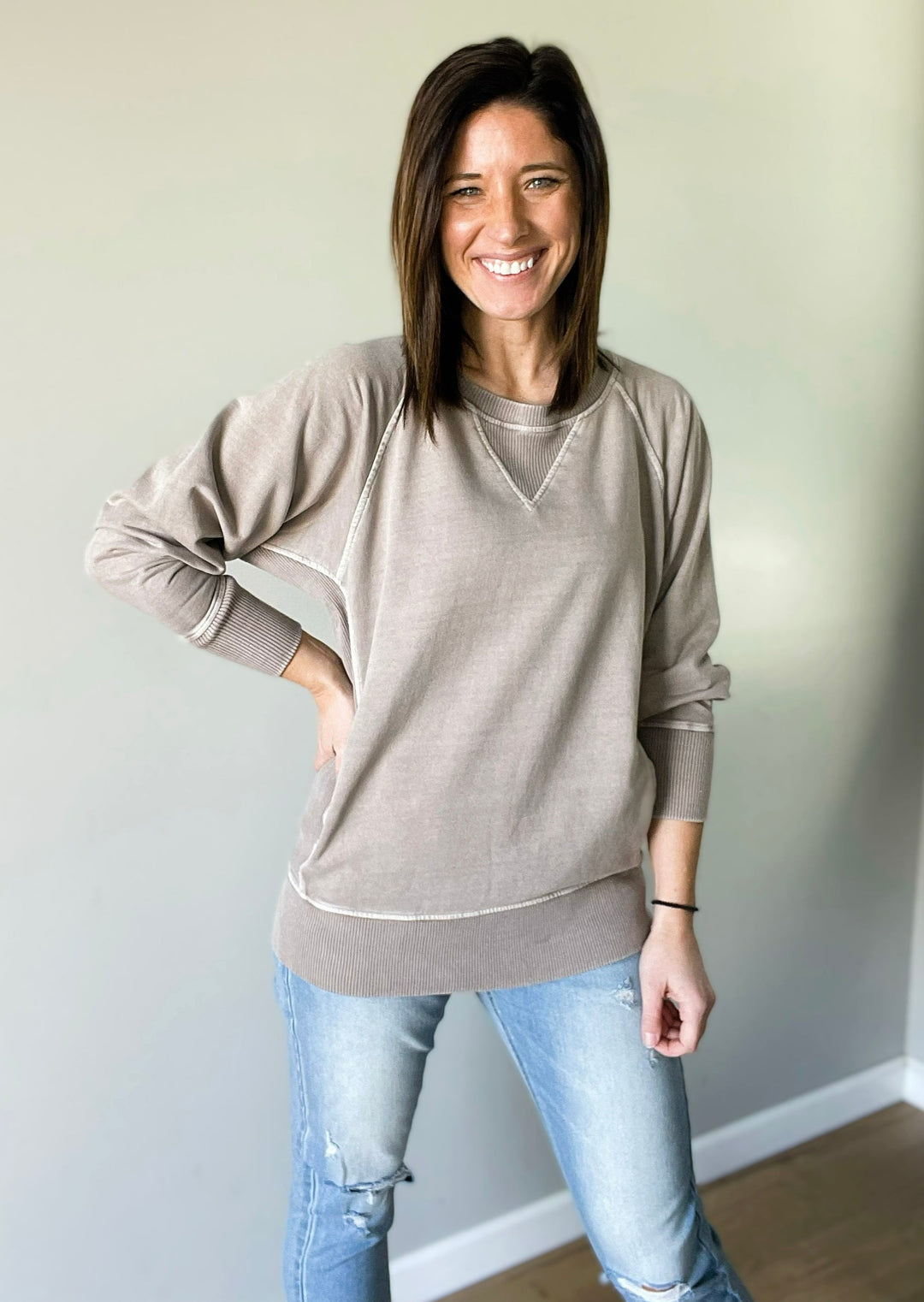 Women's French Terry Ash Mocha Pullover With Pockets | Spring Crew Sweatshirt