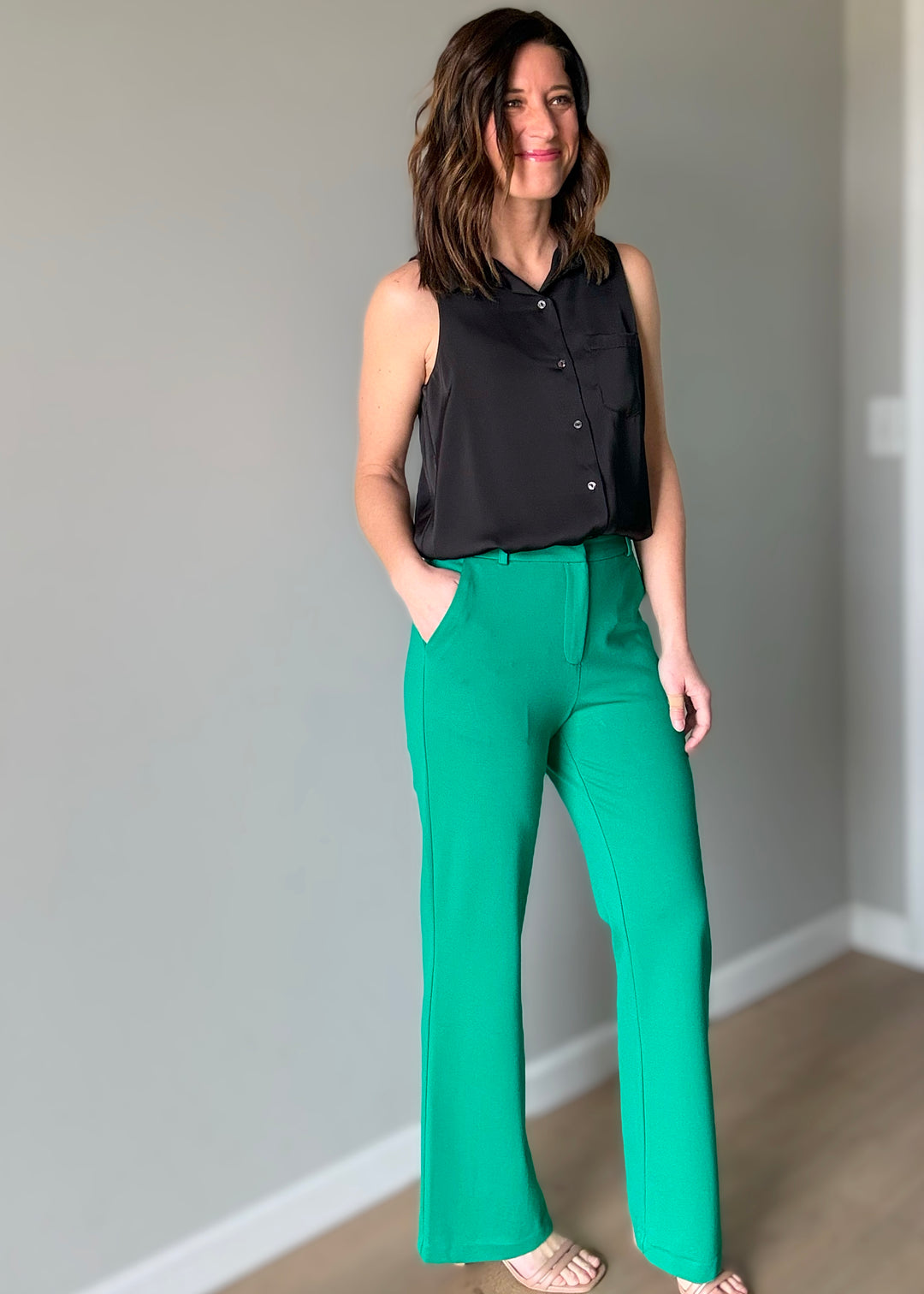 Women's Dress Pants - Skies Are Blue Brand - Green Knit Straight Leg Dress Pants