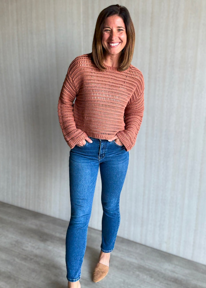 Women's Open Hole Rust Sweater Top