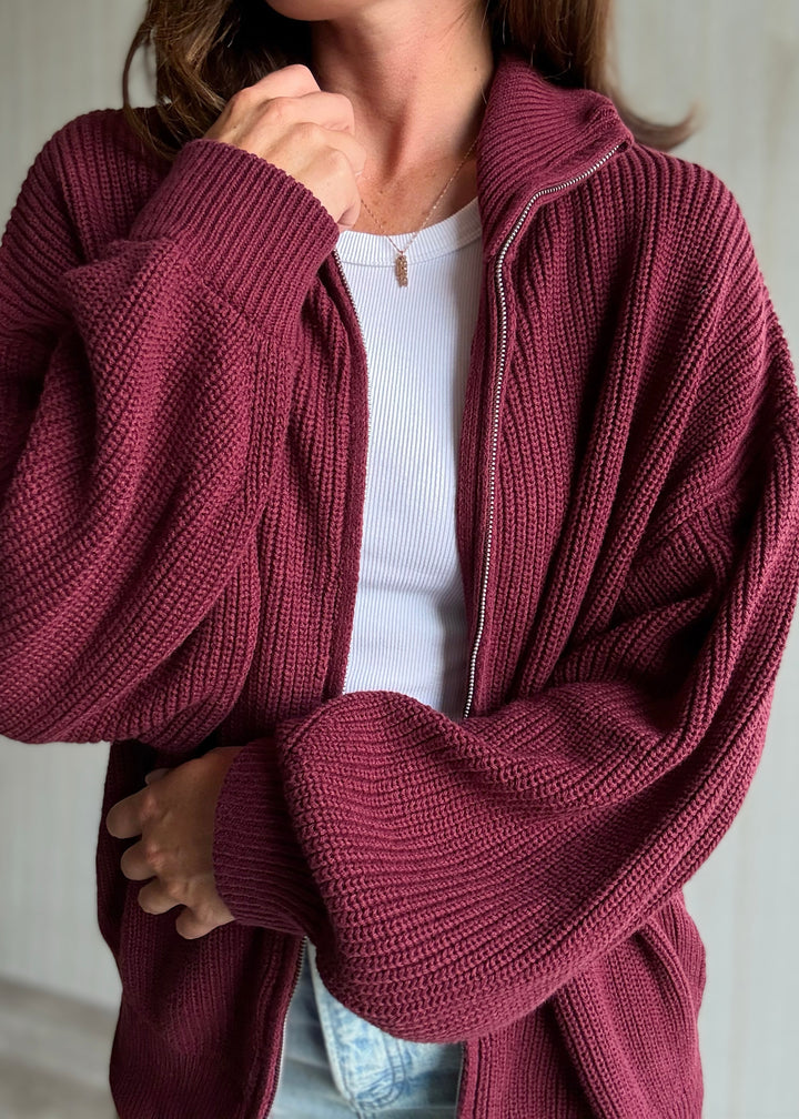 Women's Burgundy Oversized Zip Cardigan
