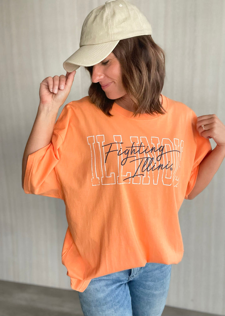 Women's Orange Embroidered Fighting Illini Tee | Champaign-Urbana Boutique with game day outfits for Illinois games.